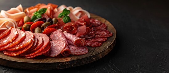 Horizontal color image of assorted sliced gourmet meats like salami sausage and ham on a wooden plate with no people offering a variety in cuisine as a delicious snack appetizer with copy space image