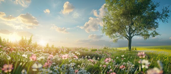 Obraz premium Picturesque rural landscape during summer with blooming wildflowers suitable for a copy space image