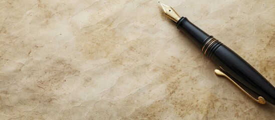 Vintage pen and inkwell on a paper backdrop with available copy space image