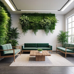 Fototapeta premium Interior of modern living room with green sofa, wooden coffee table and plants. 