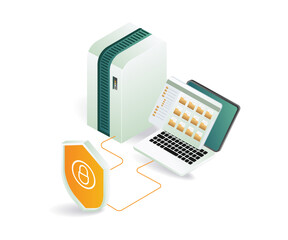 A laptop and a server with a shield, symbolizing data security and protection for digital information