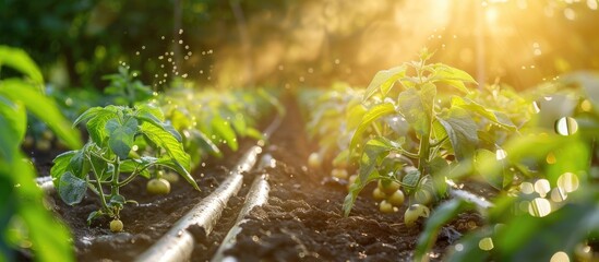 Water pipes installed as a humidification system for growing potatoes in an agricultural setting with a clear and detailed copy space image