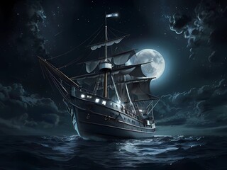 Fototapeta premium ゲーム背景 月夜の旧式木造タイプトロール船 