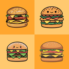 Delicious Burger Flat icon, 4set of Burger Icon, cafe, restaurant, poster, sticker, Burgers On Solid Background.