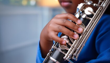 Fototapeta premium Kid playing on Oboe Child playing an instrument. 