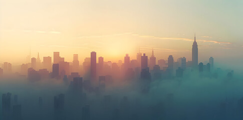 Fototapeta premium Cityscape Illustration with Fog and Sunset