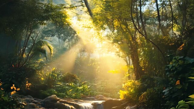 Sunlit jungle stream surrounded by dense foliage