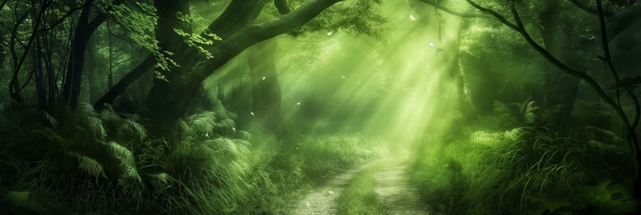Sunbeams filter through dense, lush forest foliage, illuminating the forest floor and creating a serene, peaceful, and almost magical scene.