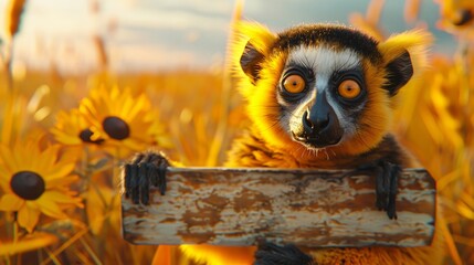 Fototapeta premium Curious Lemur with Sign in a Field of Sunflowers