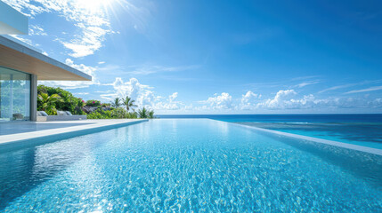 Obraz premium Infinity pool overlooking a beautiful ocean view with a modern villa in the background.
