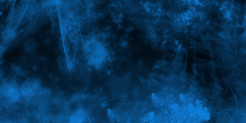 Blue background texture navy blue blurred background with neon light particle effect. Blue color dust particles explosion dramatic smoke in the room. Vivid textured aquarelle painted lightning night.