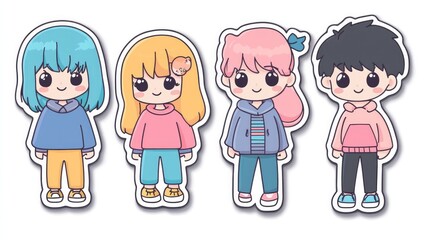 Collection of cute anime boy and girl stickers, ideal for design assets and copy space