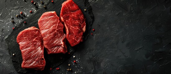 Seasoned raw beef steaks displayed with copy space image