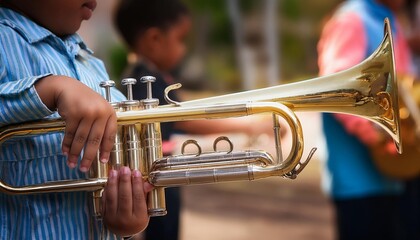 Obraz premium Kid playing on Trumpet Child playing an instrument. 
