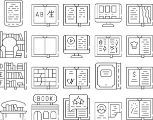 Book Library Shop Collection Icons Set Vector. Electronic Read Device And Interpreter Gadget, Book Store And Armchair, Business Literature And Comics Black Contour Illustrations