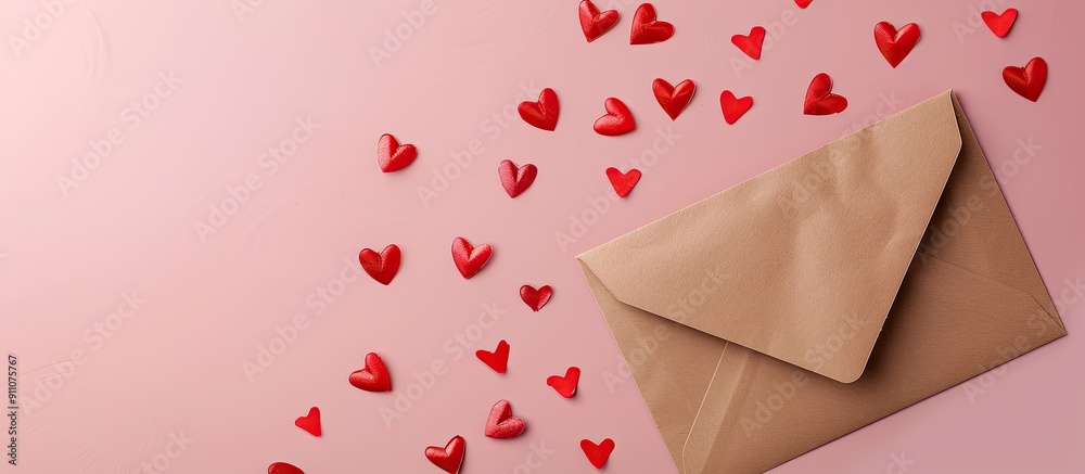 Poster Valentine s Day celebration with an envelope blank card red paper hearts on a pink background Perfect for a copy space image