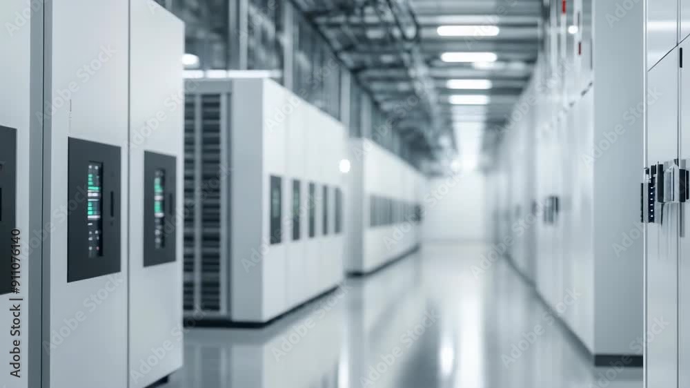 Poster modern data center with rows of server racks and advanced technology