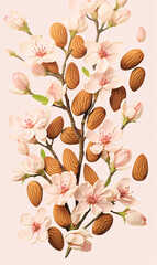 Grouping of almonds and decorative twigs with petals.