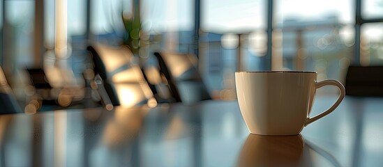 Close up of a coffee cup on a table within an empty corporate conference room prior to a business meeting in an office setting with copy space image available