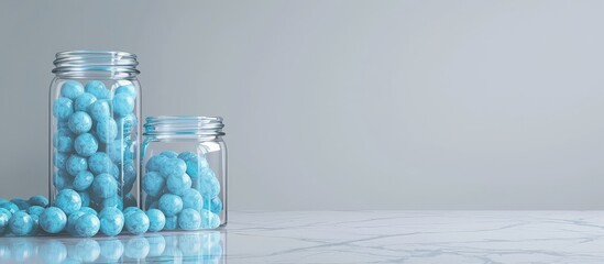 Glass jars with blue candies fill a white marble table with room for text Includes copy space image