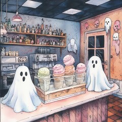 Haunted ice cream parlor, eerie atmosphere, ghostly decorations, Watercolor style