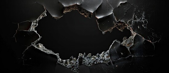 Close up of a torn window screen set against a black background with ample copy space image