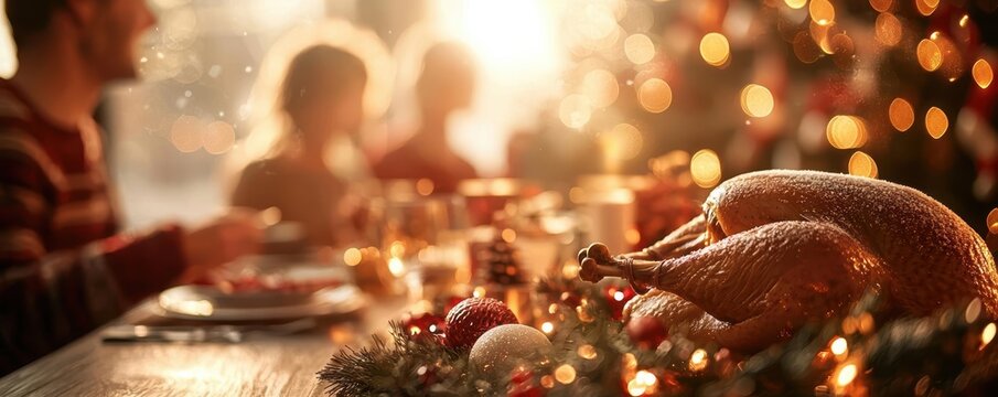 Blurred background of family celebrating Christmas dinner with roasted turkey.