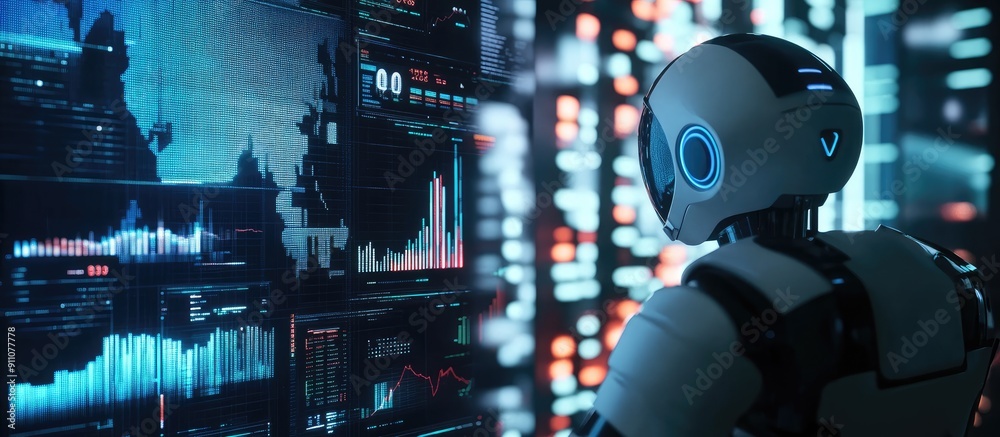 Poster 3d illustration of future financial technology driven by ai robots utilizing machine learning and ar