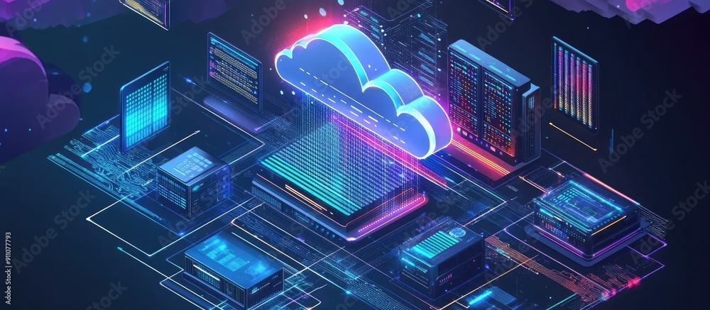 Poster 3d isometric infographic of cloud server technology and network programming analysis