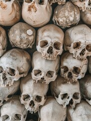 Human skulls lying side by side in a pattern. Human remains.