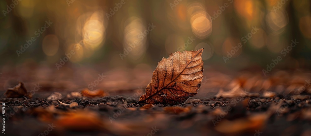 Poster a detailed shot of a distinctive dry brown leaf on the ground with a blurry backdrop providing ample