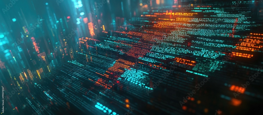 Poster 3d rendered code text featuring screen effects of technological glitches and interference