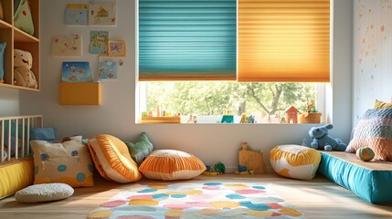 A child's room with colorful block-out cellular blinds, decorated with playful patterns, casting a gentle shadow over a play area