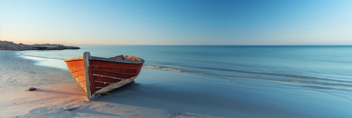 A calm early morning scene showing a lone wooden boat resting on a deserted beach with the peaceful blue waters stretching to the horizon.