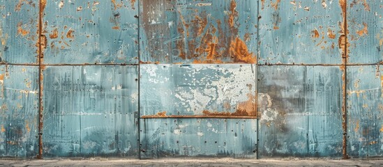 Old rusty metal wall with a boarded up window showing an uneven iron surface with paint stains providing a wide panoramic background for designs featuring copy space image