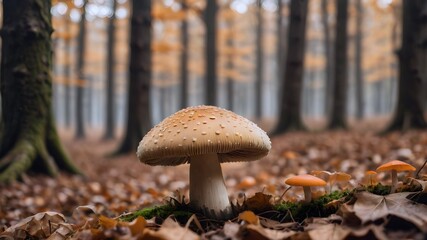 Close to mushroom on blurred forest background. Fall concept	