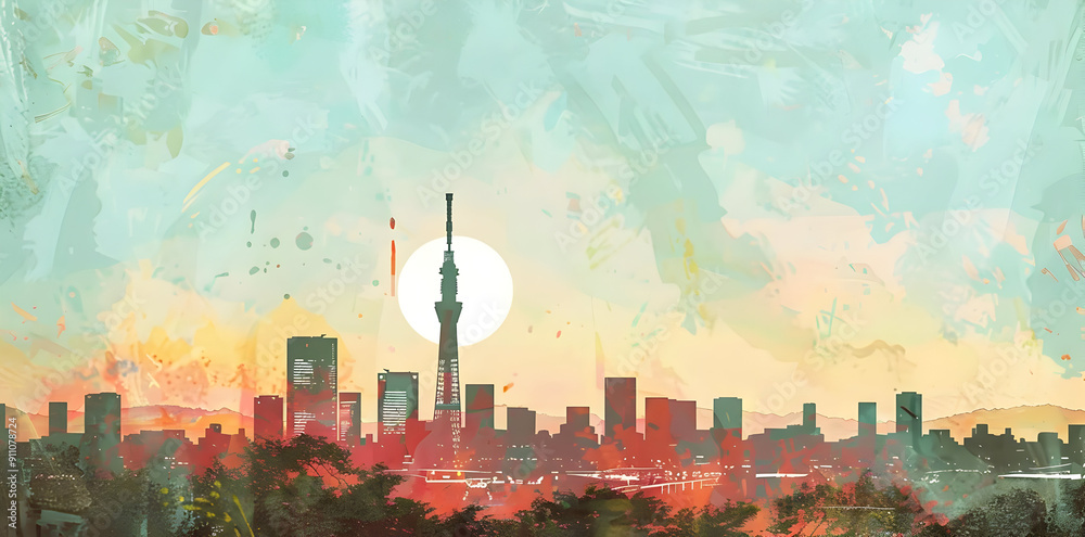 Canvas Prints Tokyo Skyline Illustration with Watercolor Effect