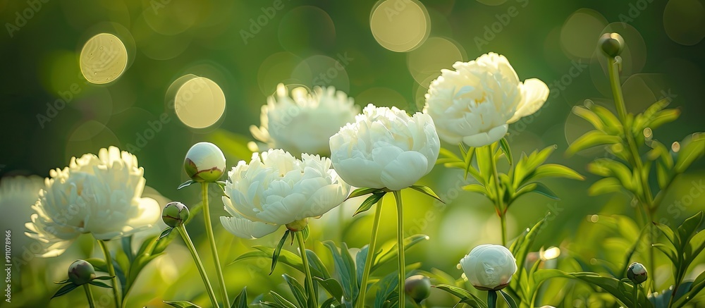 Poster A blooming garden of white peonies with flowers and buds set against a green background creating a beautiful bokeh effect in this copy space image