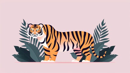 Fototapeta premium Tiger in a minimalist jungle, clean and basic vector illustration, bold and uncomplicated, flat colors, simple yet striking design