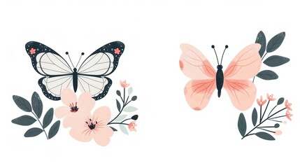 Plain butterfly and flower illustration, clean and minimalist 2D vector, uncomplicated and basic design, clear background