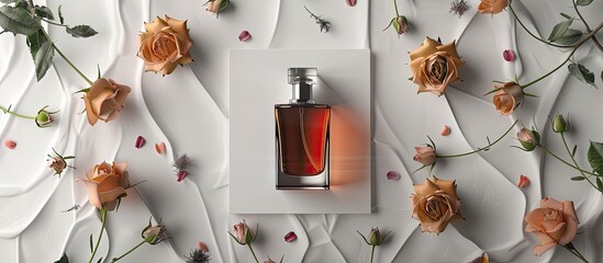 A sophisticated perfume bottle stands on a white relief background surrounded by delicate rose buds offering a copy space image from a top view showcasing a blank bottle mockup
