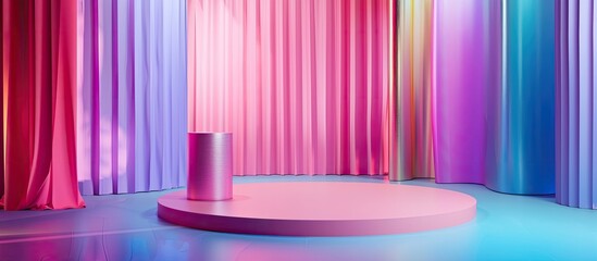 Product photography props include a pink podium set against a colorful background with ample copy space image