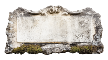 old memorial grave stone sign plate marble stone frame isolated on white transparent background, cut out
