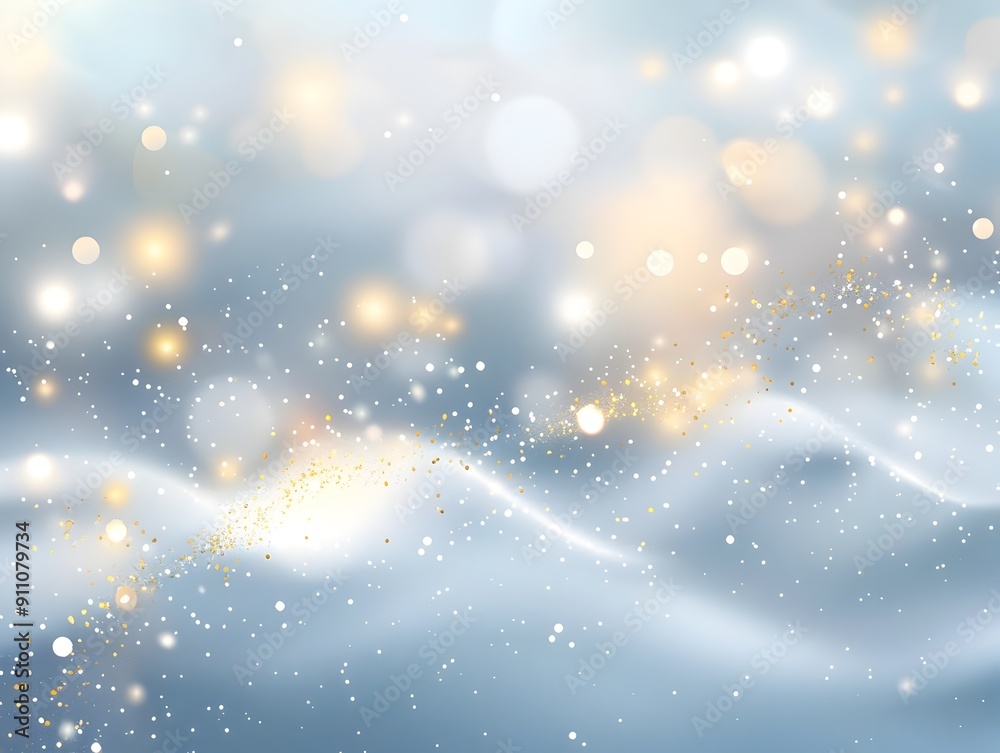 Poster abstract background with a light blue and gold color gradient, with small glowing lights on the edge