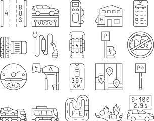 Electric Car Vehicle Collection Icons Set Vector. Automobile Electric Engine And Charging Cable, Parking With Charge Station And Electrical Bus Black Contour Illustrations
