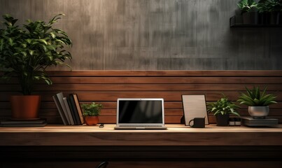 A Laptop, Plants, and Books on a Wooden Desk