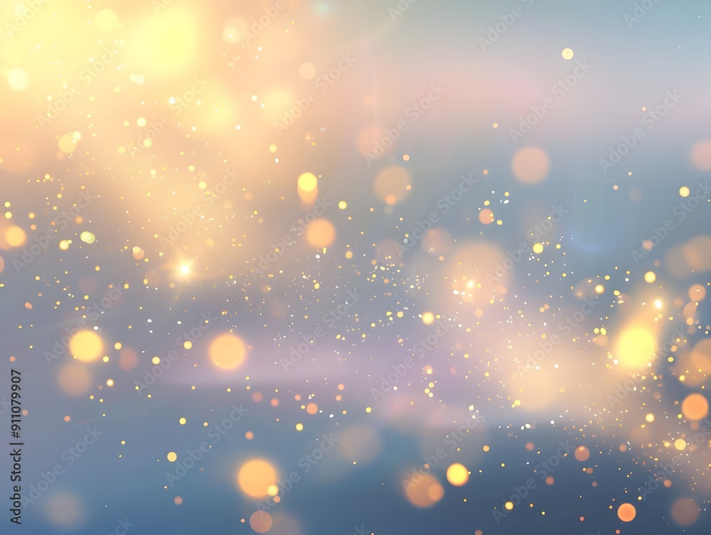 Poster abstract background with a light blue and gold color gradient, with small glowing lights on the edge