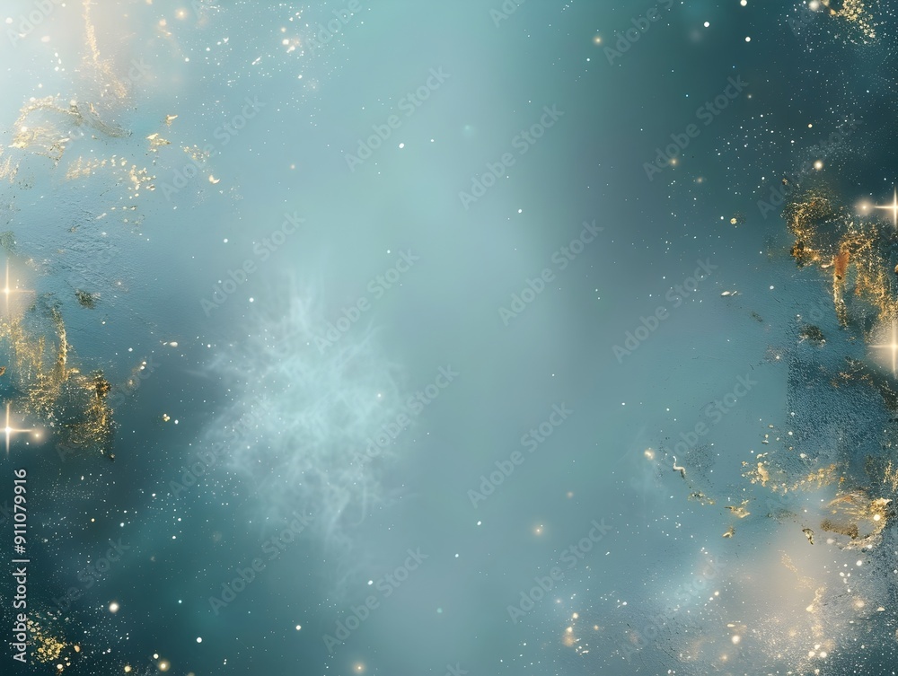 Poster abstract background with a light blue and gold color gradient, with small glowing lights on the edge