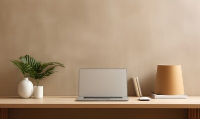 Fototapeta premium Minimalist home office workspace with a laptop, green plant in a white vase, and a lamp on a wooden desk against a beige wall.
