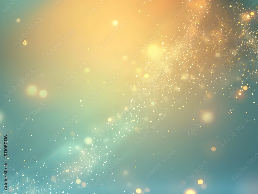 Poster abstract background with a light blue and gold color gradient, with small glowing lights on the edge
